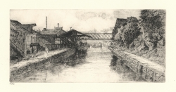 View from a bridge over the C&O Canal showing both embankments and a bridge in the distance. Etching by Eleazer Hutchinson Miller dated 1881.
