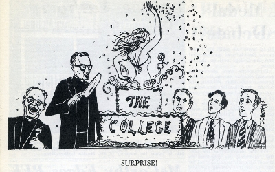Surprise! A Jesuit cuts a cake that is labeled The College, causing a woman to burst out of it as male students act shocked, a Cartoon from The Hoya, May 2, 1968