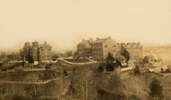 Black and white photograph of Georgetown College as seen from the Observatory