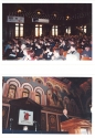 Photos from FMC Policy Conference 2001, showing attendees in Gaston Hall on the top, and Orrin Hatch speaking at the Gaston Hall podium on the bottom