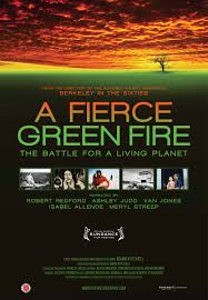 The movie poster for Fierce Green Fire: The Battle for a Living Planet, showing a solitary tree against a dramatice orange cloudy sky