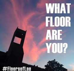 A screenshot of the opening sequence of the Floors of Lau video, showing a silhouette of the north Lauinger tower at sunset with the text What Floor are You? and the hashtag floors of Lau