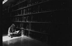 A student sits on the floor reading a book in the Lauinger Library stacks, illuminated by a shaft of light