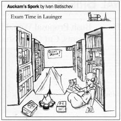 Auckham's Spork, a cartoon by Ivan Batischev, title Exam Time in Lauinger, depicting a student sitting in the Lauinger Library stacks reading and taking notes, with a tent, campfire, and book of dark magic. A sign behind him reads Quiet Zone!