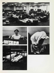 A page from the yearbook showing students studying in Lauinger Library, including several students warpped in blankets and sleeping in carrels or on the floor