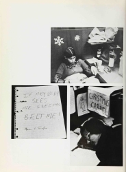 A page from the yearbook showing students studying and sleeping in sudy carrels in Lauinger Library, including one student asleep using a book as a pillow and a handwritten sign that reads Christmas Carrel, one student studying in a carrel decorated with cutout paper snowflakes, and a handwritten sign that reads If anybody sees me sleeping Belt Me!