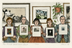 Five people holding up pictures in a row standing in front of 3 framed artworks on the wall. Original color etching by Abigail Rorer, 1984.