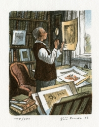 A print collector standing at a window, looking at his print under a lens while holding it aloft to the light. Color lithographic print by Jiri Bouda, 1993.
