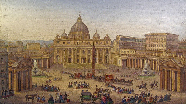 Detail from a micromosaic of Saint Peter's Basilica and the Vatican, by Biagio Barzotti circa 1880. Crowds of people are depecited in Saint Peter's Square, along with several horse drawn carriages.