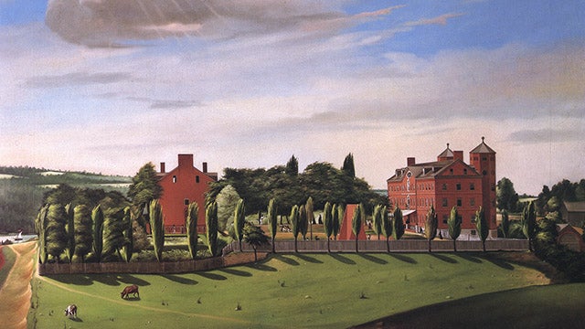 Detail from an oil painting of Georgetown College from Trinity Steeple looking west, by James Alexander Simpson, 1831. Only two buildings are pictured, Old North and Old South, along with a handball court. A line of trees and a fence separate the buildings from what is now Healy Lawn, where several cattle are grazing.