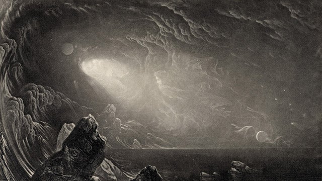 Detail from a mezzotint with etching entitled The Creation, by John Martin from 1838. Waters and clouds swirl above an ocean, with planet and stars above, and a shaft of light piercing the clouds.