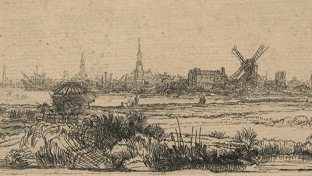 Detail of an etching, View of Amsterdam from the Northwest, by Rembrandt, circa 1640. This rough sketch of the city's waterfont shows a windmill and several steeples, as several people walk along the riverbank.