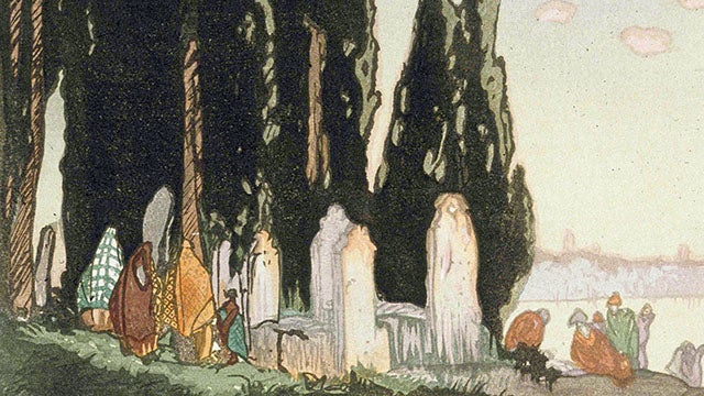 Detail of a woodblock print by Yoshijiro Urushibara entitled The Resting Place (Scutari) from 1924, showing people wrapped in colorful shawls visiting a cemetery in the shade of tall trees along the shore of the Bosphorus.